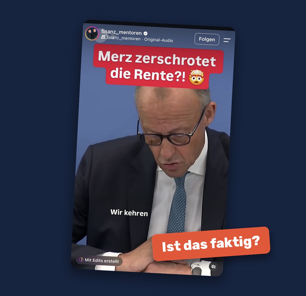 Echte Posts aus sozialen Medien zu Rente, Miete, Bargeld und Wohnen, von verschiedenen Seiten, jeweils mit dem Sticker: Ist das faktig?